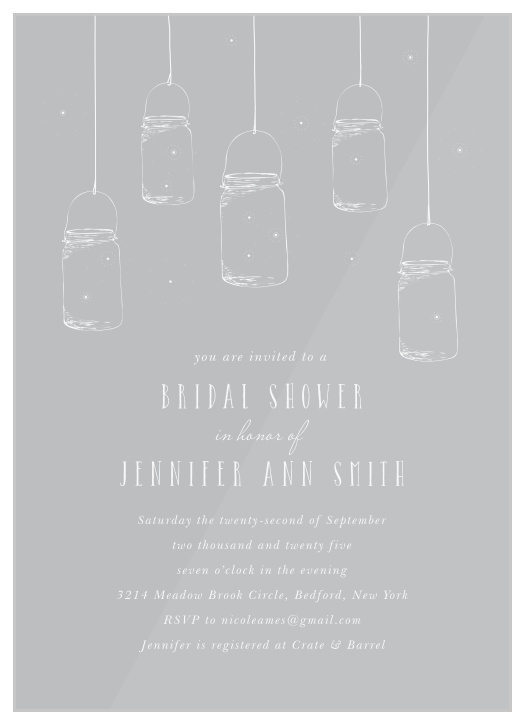 Collect loved ones for your celebration like fireflies in a jar using our Firefly Night Clear Bridal Shower Invitations!