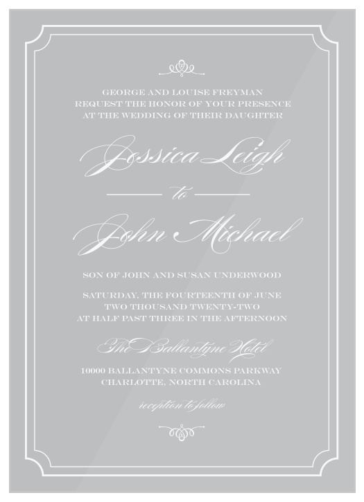Invite guests to your posh event with Ornate Calligraphy Clear Wedding Invitations.