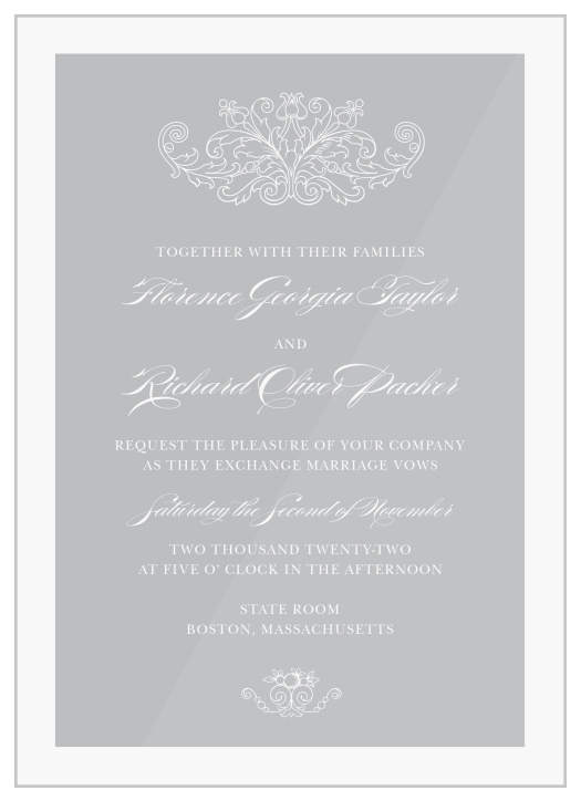 Formally invite guests to celebrate your union with the Classic Damask Clear Wedding Invitations.
