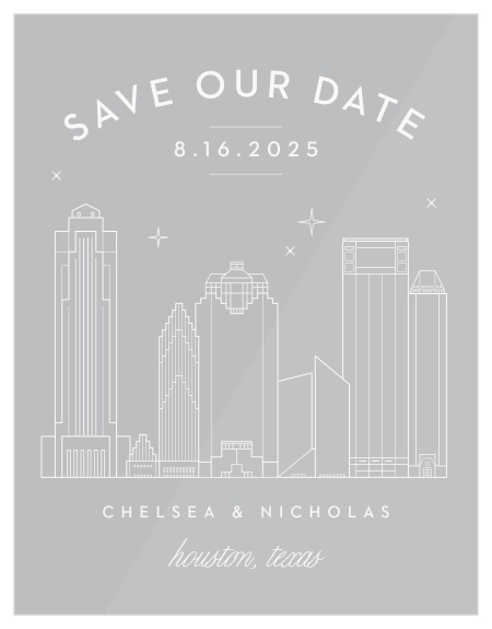 Our beautifully illustrated Houston Skyline Clear Save-the-Date Cards help you share your wedding date with the breathtaking beauty of the big city’s lights.