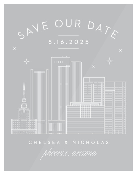Our beautifully illustrated Phoenix Skyline Clear Save-the-Date Cards help you share your wedding date with the breathtaking beauty of the big city’s lights.