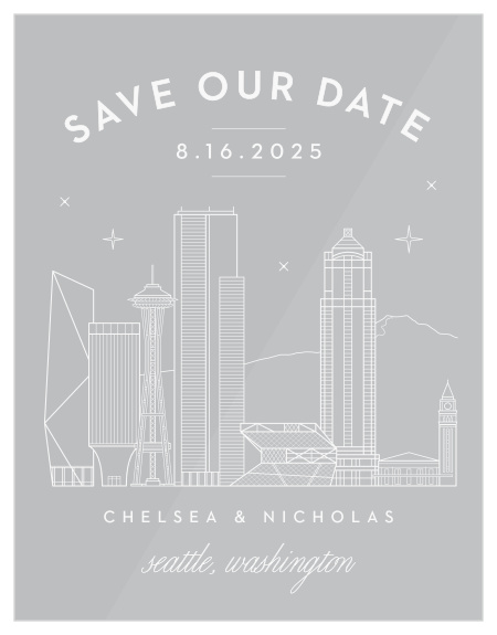 Our beautifully illustrated Seattle Skyline Clear Save-the-Date Cards help you share your wedding date with the breathtaking beauty of the big city’s lights. 