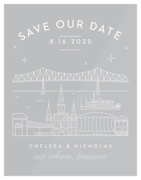 Our beautifully illustrated New Orleans Skyline Clear Save-the-Date Cards help you share your wedding date with the breathtaking beauty of the big city’s lights.