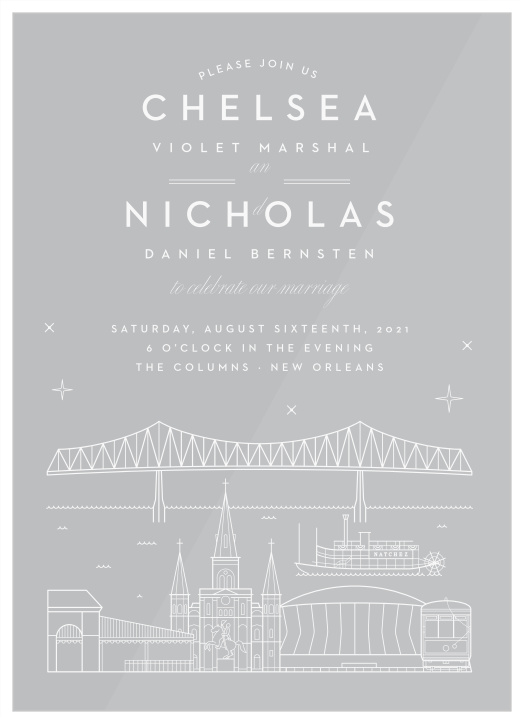 Our beautifully illustrated New Orleans Skyline Clear Wedding Invitations help you share your wedding-day details with the breathtaking beauty of the big city’s lights. 