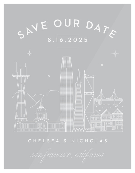 Our beautifully illustrated San Francisco Skyline Clear Save-the-Date Cards help you share your wedding date with the breathtaking beauty of the big city’s lights.