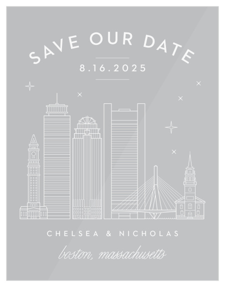 Our beautifully illustrated Boston Skyline Clear Wedding Invitations help you share your wedding-day details with the breathtaking beauty of the big city’s lights. 