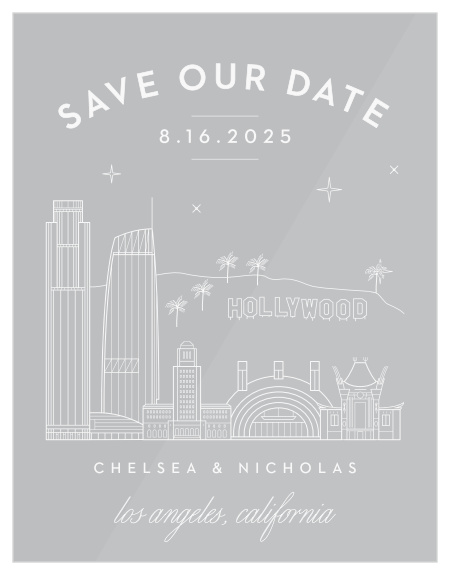 Announce your special day with the brightly lit cityscape of our Los Angeles Skyline Save-the-Date Cards.