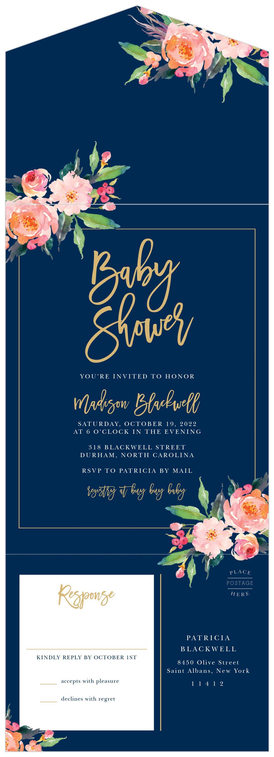Flowered Frame Seal & Send Baby Shower Invitations