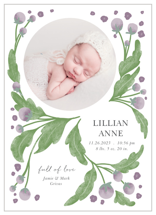 Share your joy with all your friends and loved ones with the Garden Grape Birth Announcement.