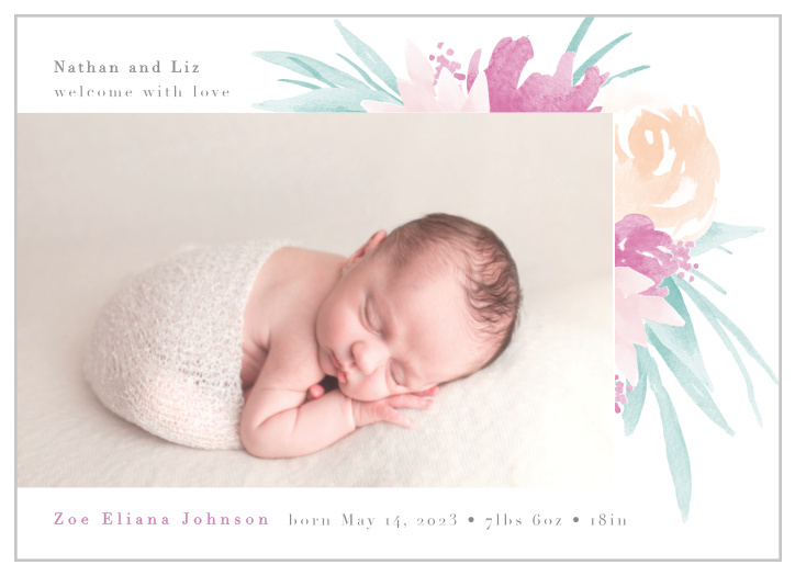 Share your joy with all your friends and loved ones with the Watercolor Botanique Birth Announcement.