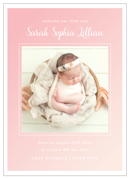 Broadcast your new arrival to your closest friends and family with our Soft Gradient Birth Announcements.
