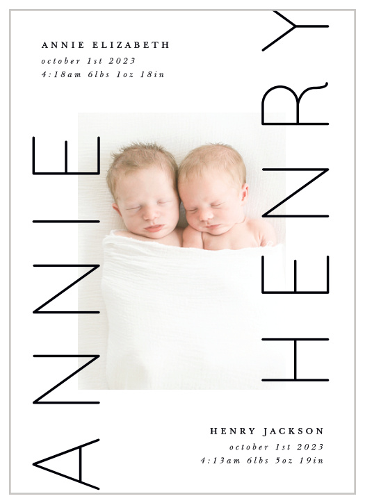 Inform your closest family and friends of your two new bundles of joy with our Twins Together Birth Announcements.