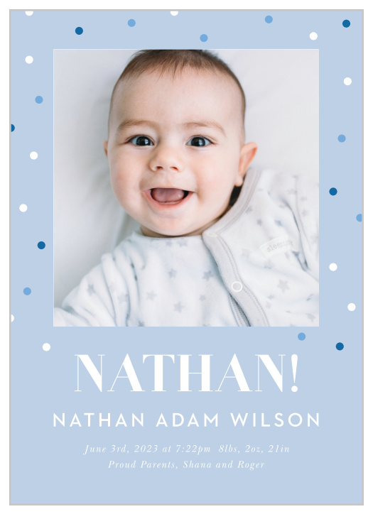 Inform your closest loved ones that you have a new addition to the family with the lively look of our Colorful Arrival Birth Announcements.