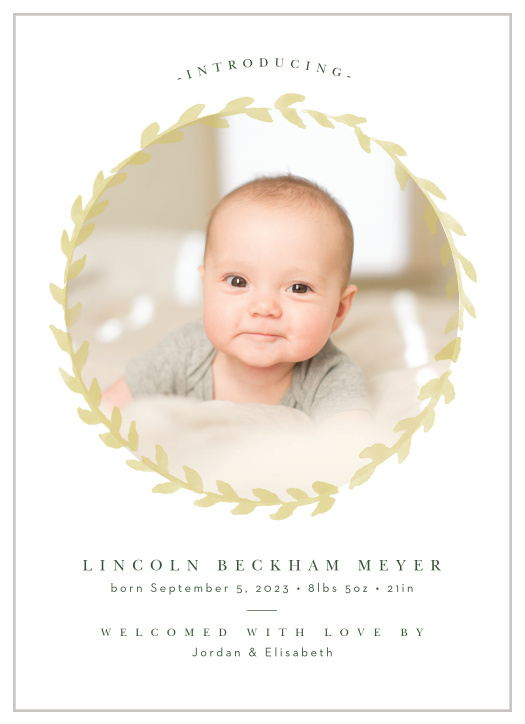 Our Laurel Wreath Birth Announcements are the perfect way to introduce your little one to your closest family and friends.