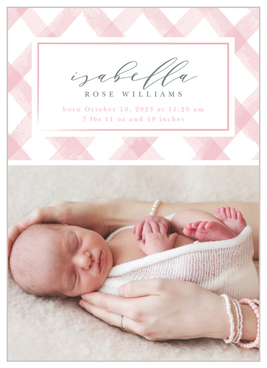 Share your joy with all your friends and loved ones with the Pink Gingham Birth Announcement.