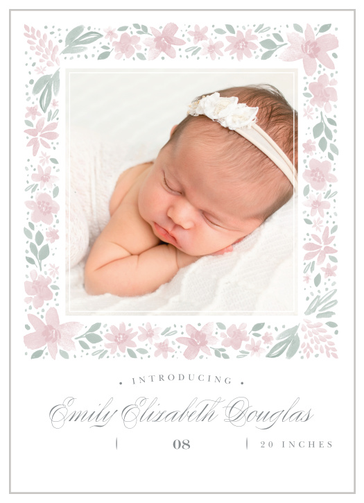 Share your joy with all your friends and loved ones with the Flowery Frame Birth Announcement.