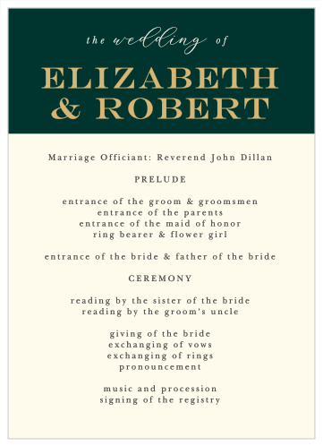 Walk friends and family through your marriage ceremony with our Bold Names Wedding Programs.