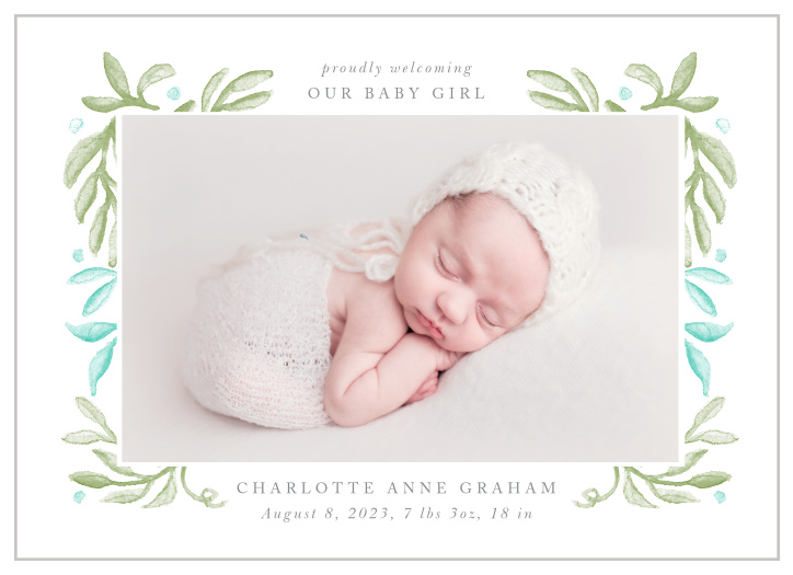Share your joy with all your friends and loved ones with the Framed Foliage Birth Announcement.