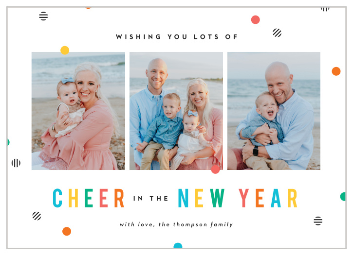 An unforgettable trio of your favorite photographs adorn the surface of our New Years Banner Photo Holiday Cards, keeping the focus of the season on your beautiful family. 