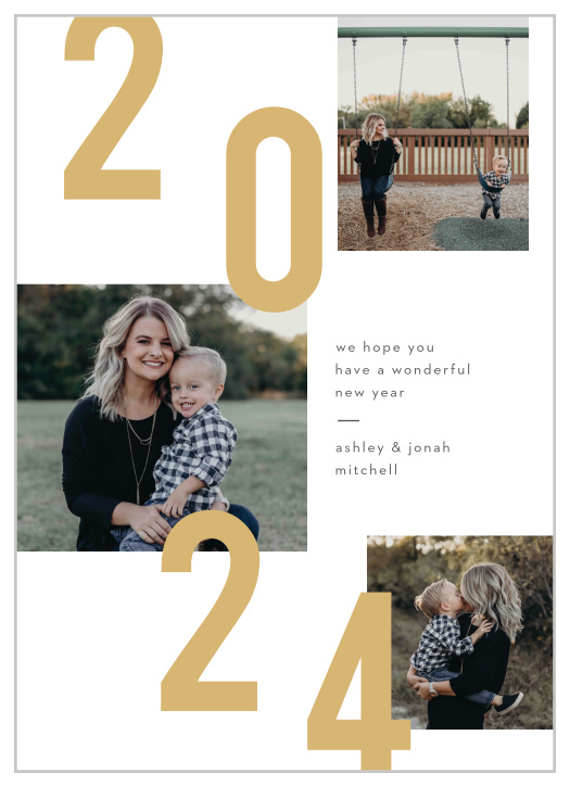 An unforgettable trio of your favorite photographs adorn the surface of our New Years Banner Photo New Years Cards, keeping the focus of the season on your beautiful family.