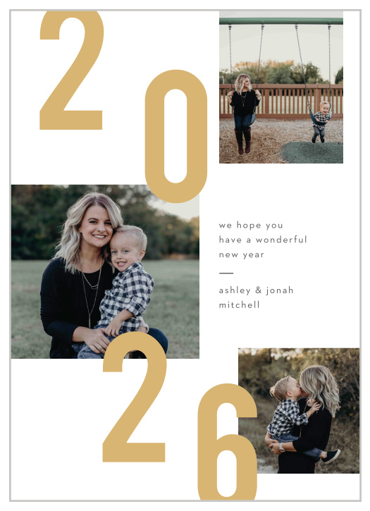 An unforgettable trio of your favorite photographs adorn the surface of our New Years Banner Photo New Years Cards, keeping the focus of the season on your beautiful family. 