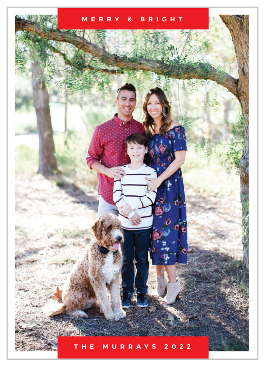 Give the gift of cheery spirit with the modern look of our Pop of Red Holiday Cards.