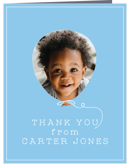 Express your gratitude for the family and friends who celebrated your child's first birthday with the Balloon Frame First Birthday Party Thank You Cards.