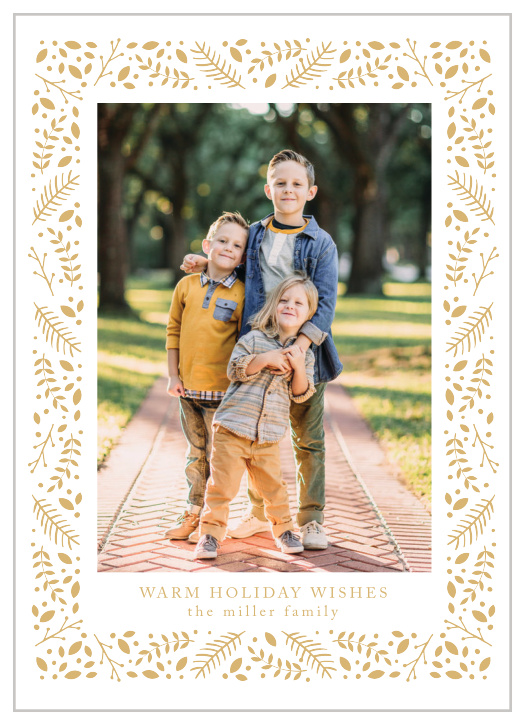 Our Shiny Foliage Holiday Cards are an elegant way to celebrate the cold season! Our design features a gold foil, symbolizing light and stars, and as such your card will shine too!