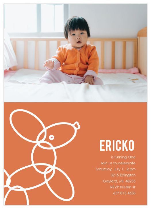 Gather your family and friends together to celebrate your child's big day with our Balloon Animal First Birthday Invitations.