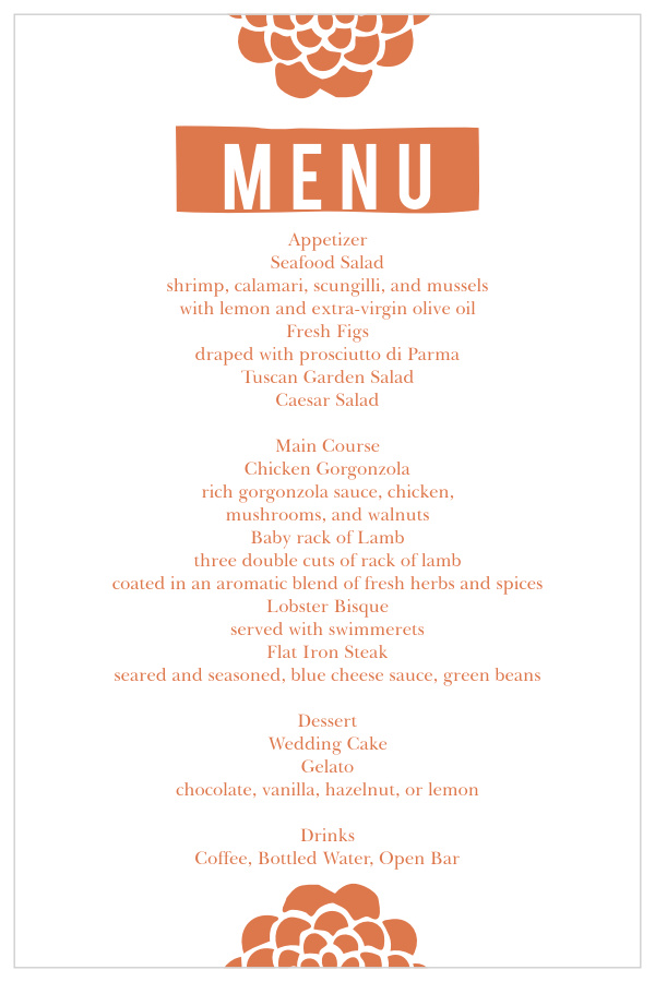 Impress your guests with this trendy and modern wedding menu.