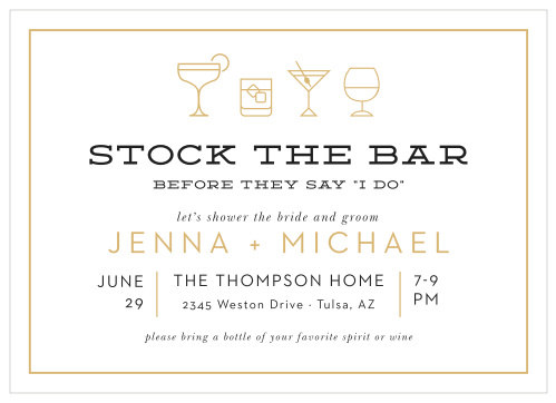 Gather your closest friends and family together to celebrate the soon-to-be-married couple with our Bar Essentials Bridal Shower Invitations.