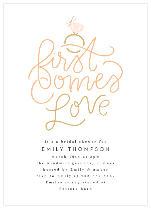 Our First Comes Love Bridal Shower Invitations are the perfect way to gather your friends and family close for your pre-wedding fun!
