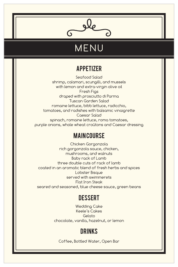 Impress your guests with this trendy and modern wedding menu.