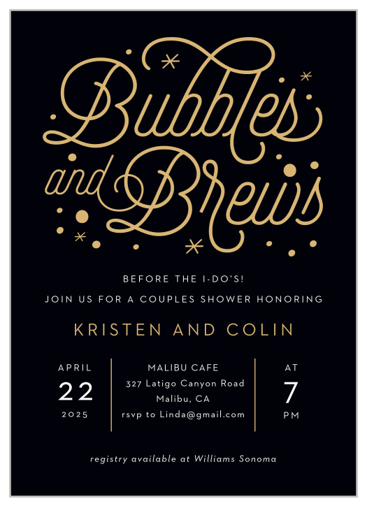 Choose our Bubbles Brews Bridal Shower Invitations for your pre-wedding festivities!