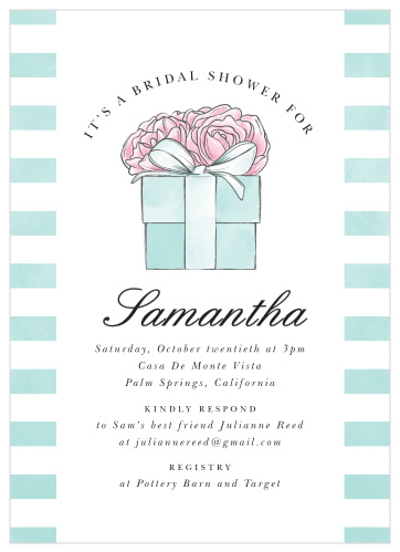 The chic look of our Little Blue Box Bridal Shower Invitations is a lovely way to bring your close friends and family together to celebrate with you for some pre-wedding fun.