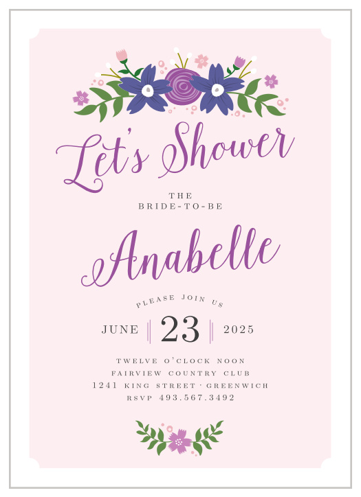 A scrolling, swirling cursive spells out the bride-to-be and event's name in the center of our Tea Florals Bridal Shower Invitations.