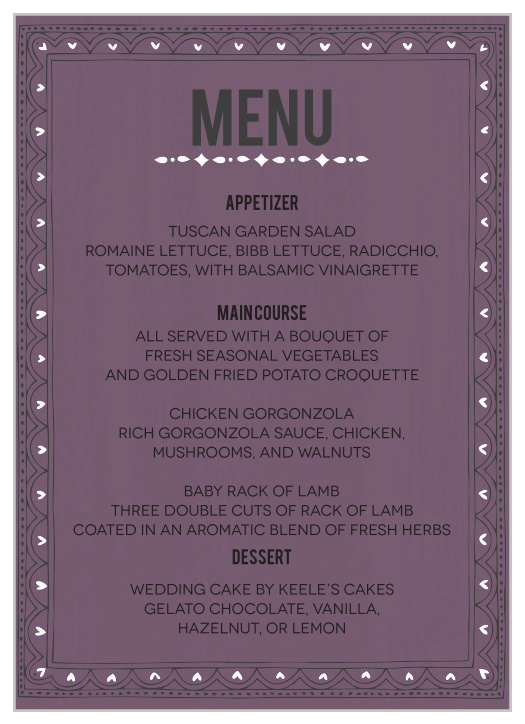 Impress your guests with your wedding day menus. This design lies over a subtle texture background that makes all the difference.