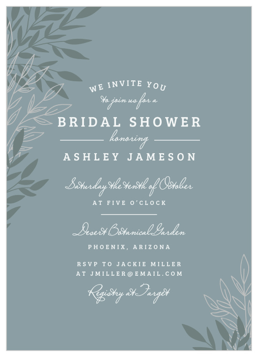 Gather your close friends and family to celebrate your upcoming big day with the chic look of our Lakeside Foliage Bridal Shower Invitations.