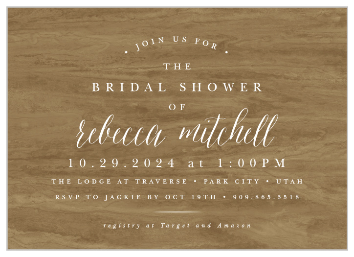 Gather your close friends and family together for some pre-wedding fun with the classic look of out Calligraphic Woodgrain Bridal Shower Invitations.