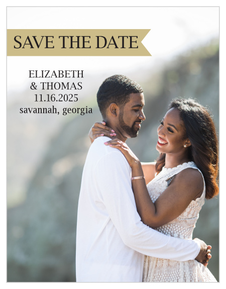 The Glamorous Confetti Save the Date Magnet shows off that happy couple with a beautiful photo background.