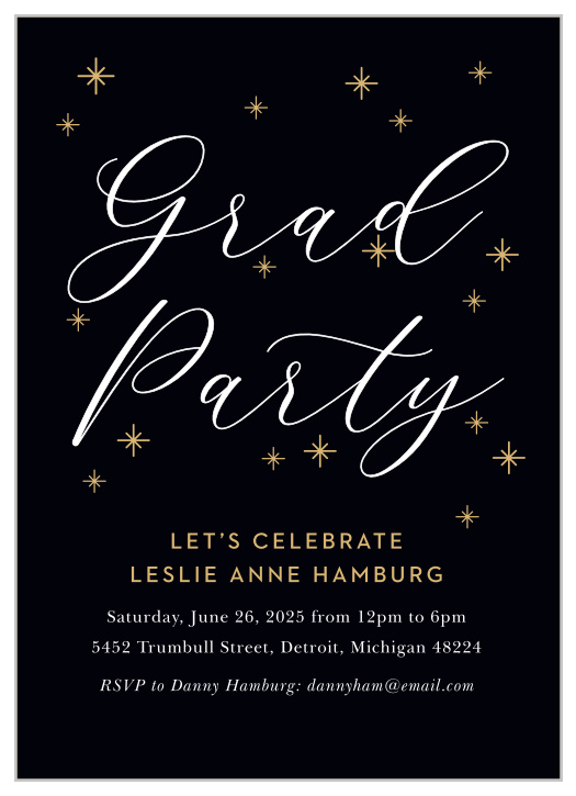 Surround yourself with family and friends to celebrate your momentous achievement with the twinkling look of our Dazzling Grad Graduation Party Invitations.