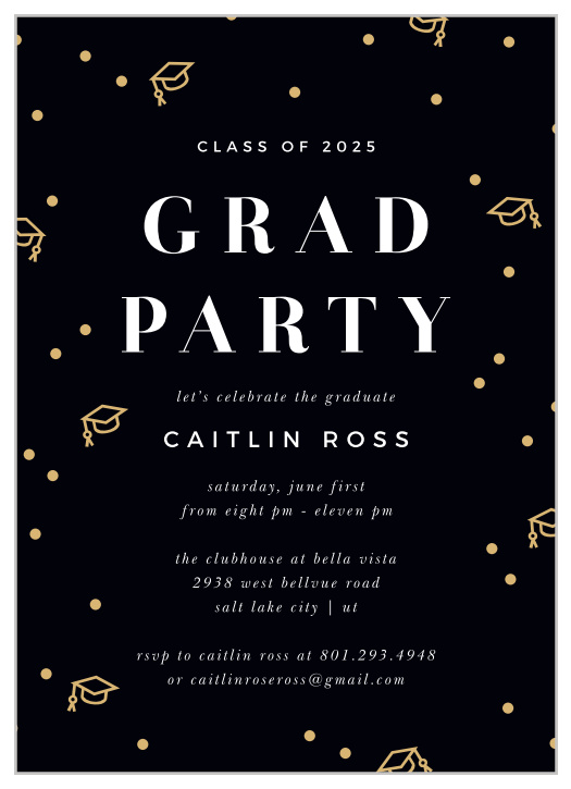 Surround yourself with your closest friends and family so celebrate your momentous achievement with the chic look of our Grad Hats Graduation Party Invitations.