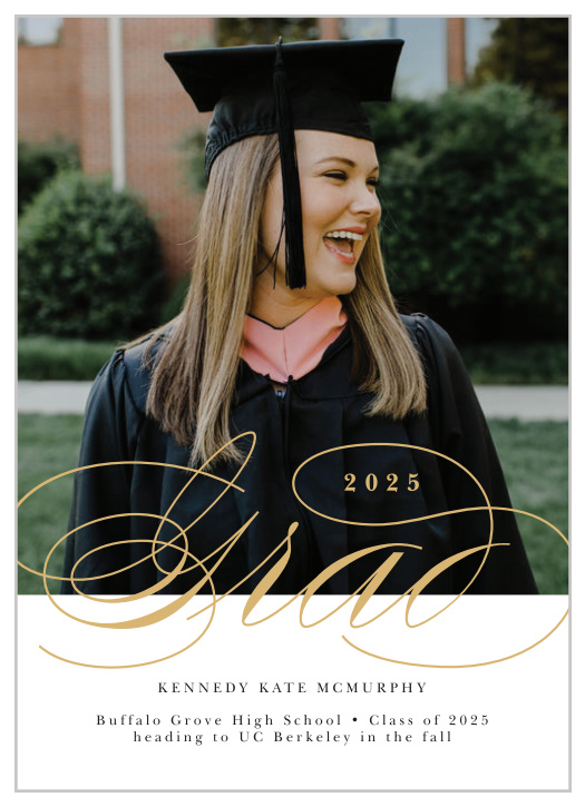 Broadcast your momentous accomplishment to your friends and family with the chic look of our Swirling Scholar Graduation Announcements.