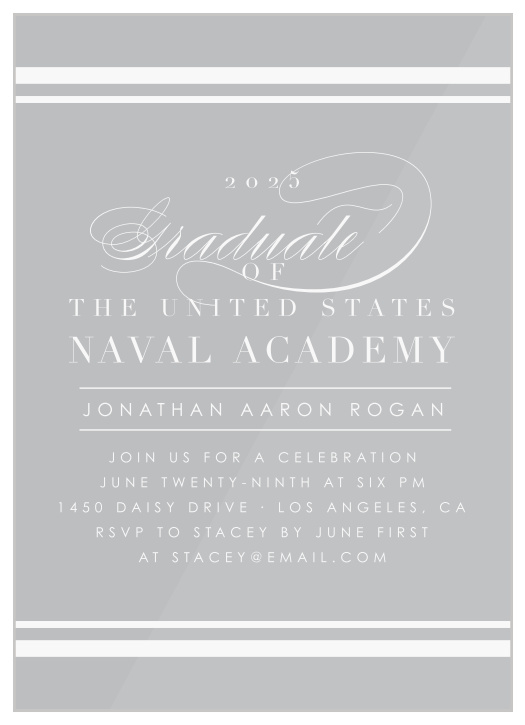 Invite all of your supportive family and friends to your after-graduation celebrations with our Navy Graduate Clear Graduation Invitations!
