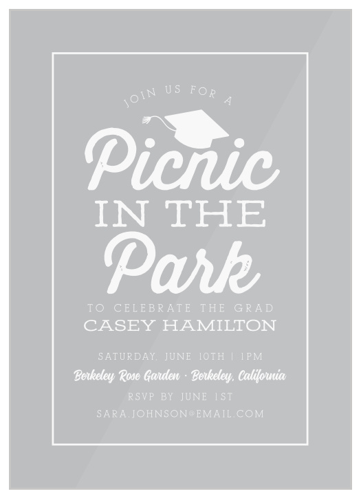 Enjoy a "picnic in the park" with your family and friends to celebrate your great accomplishment with our Graduation Picnic Clear Graduation Invitation!