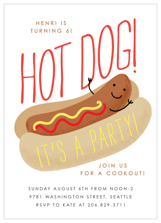 Get ready for a cookout with your friends with our Hot Dog Children's Birthday Party Invitations! This fun card displays a fun hot dog graphic with all your party details found below.
