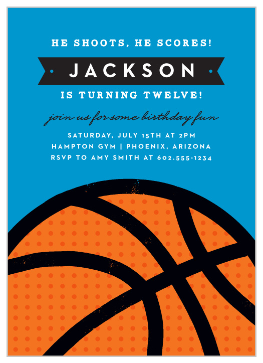 Round up your best teammates and invite them to some rounds of celebratory b-ball with our Basketball Fun Children's Birthday Party Invitations!