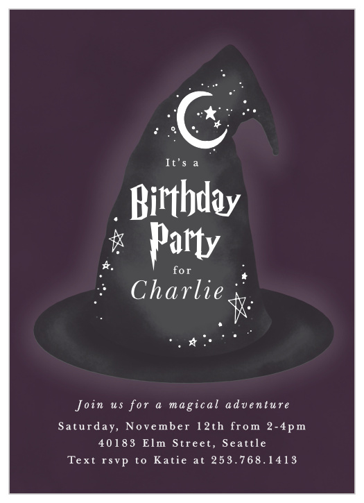 Bring out the wizards and witches in your guests by inviting them to your party with our Wizard Hat Children's Birthday Party Invitations!