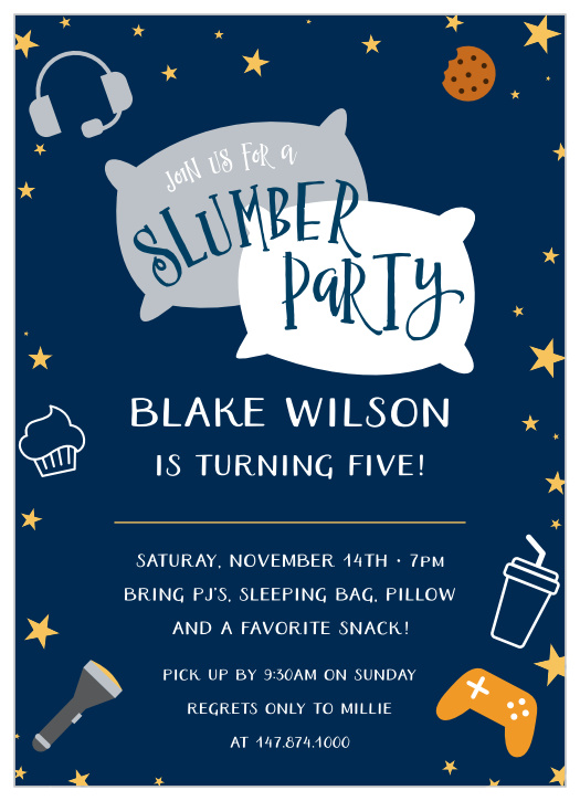 Invite all of your little ones friends to the birthday party of their dreams with our Slumber Fun Children's Birthday Party Invitations!