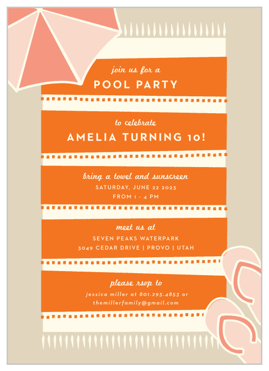 Our Beach Towel Children's Birthday Party Invitations are the perfect way to surround your little one with friends for the big day!